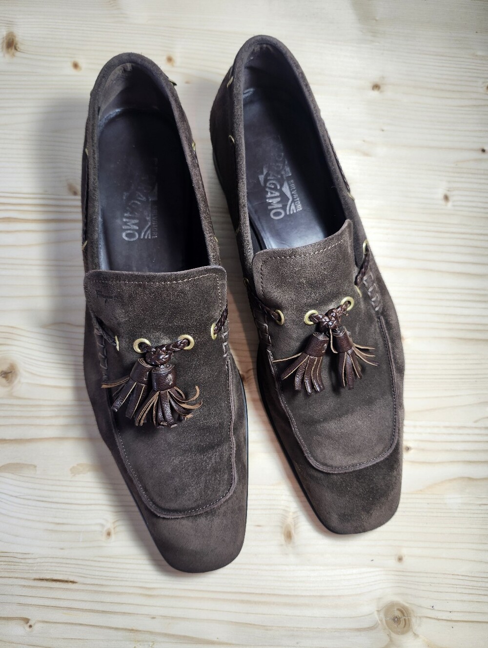 Salvatore Ferragamo Dark Brown Suede Tassel Loafers Men's 11